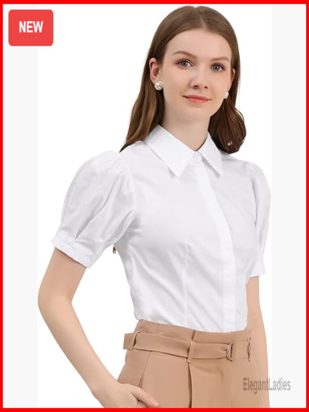 Button Down Shirt Puff Sleeve Short Sleeve Work Top